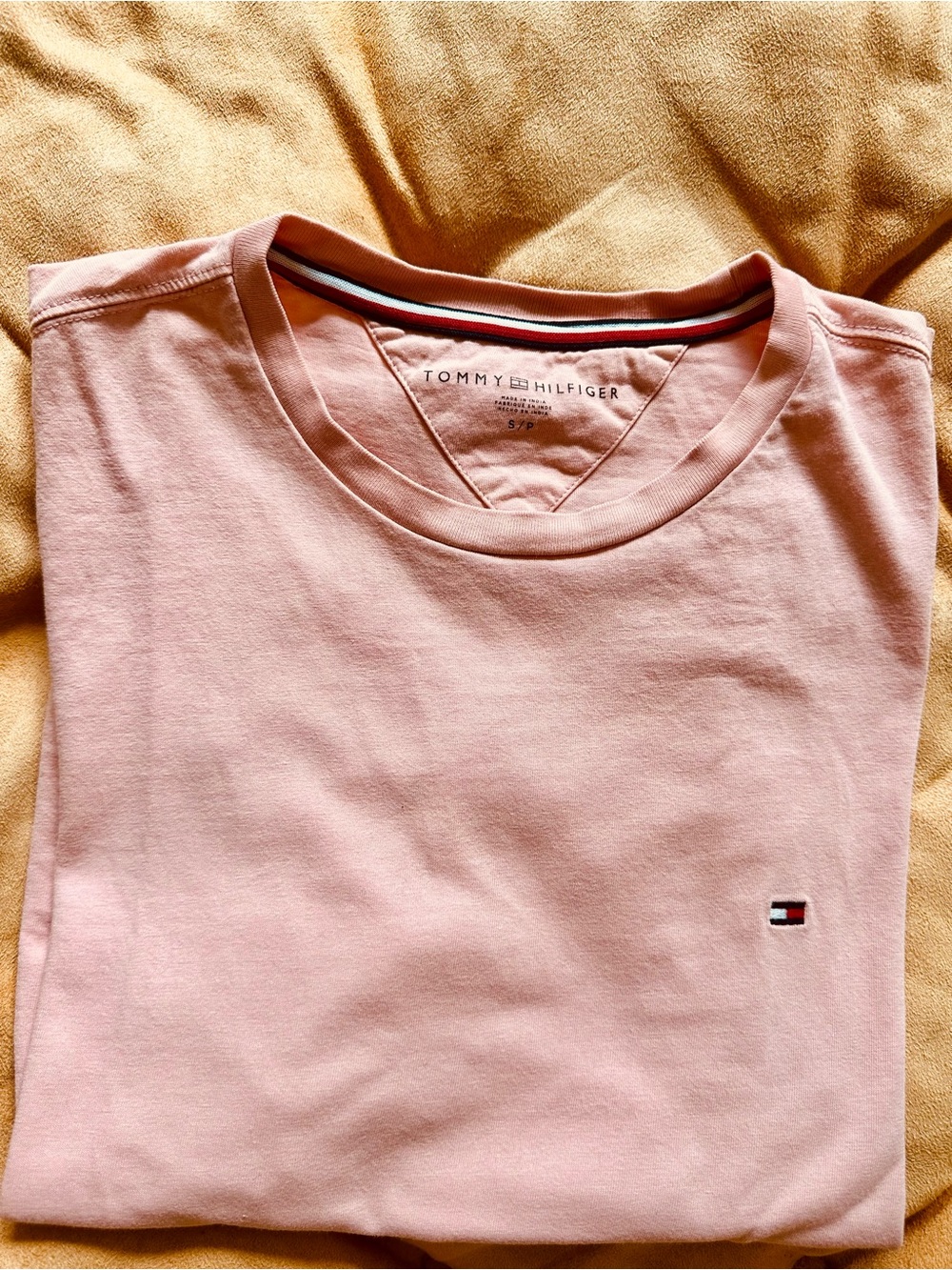 Tommy Hilfiger Men's Light Pink Crew Neck Tee with Signature Flag Color: Salmon